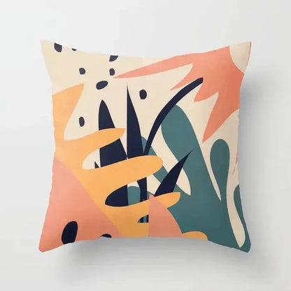 A decorbites decorative pillowcase with an abstract botanical design in bold orange teal and cream on beige background