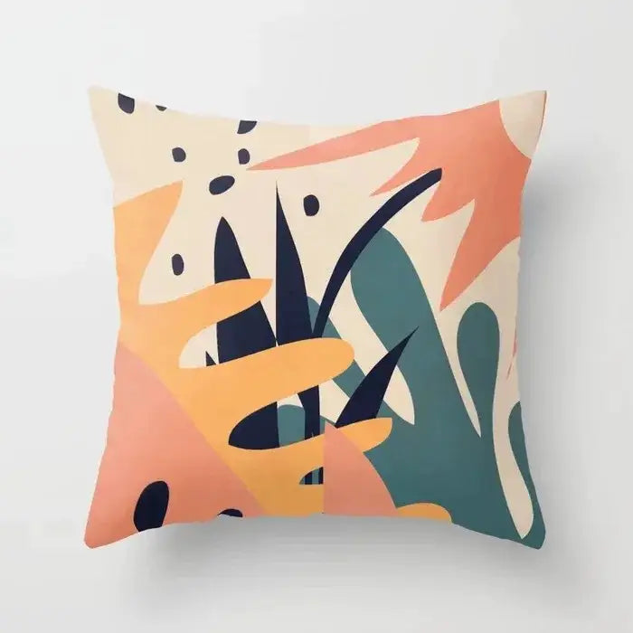 A decorbites decorative pillowcase with an abstract botanical design in bold orange teal and cream on beige background