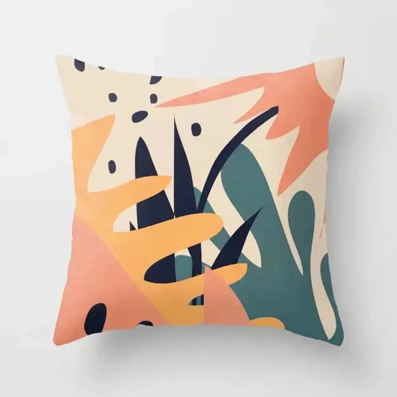A decorbites decorative pillowcase with modern abstract botanical design in orange teal and black on off-white background