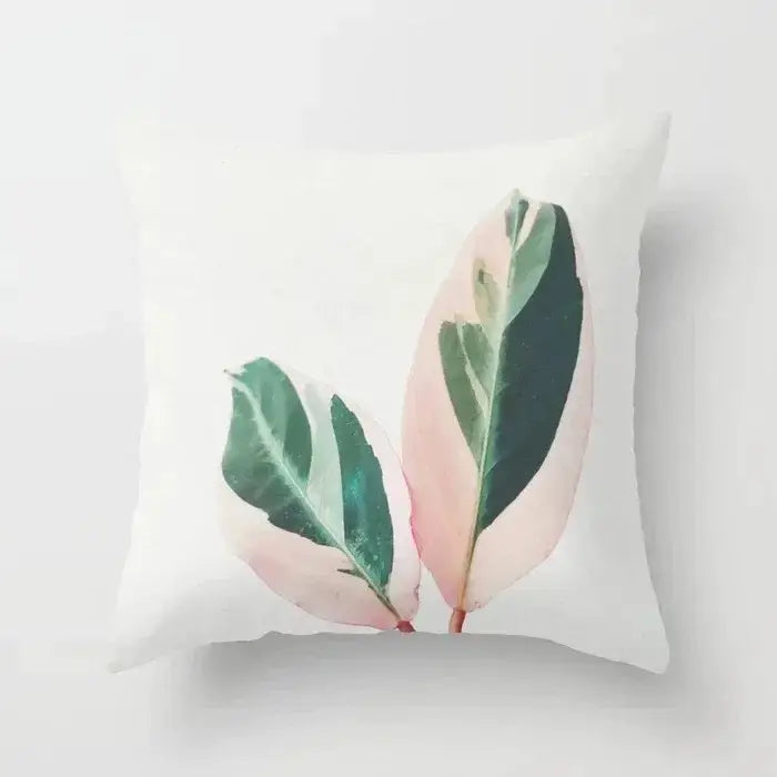 White throw pillow with watercolor variegated leaves in soft pink and green decorbites decorative pillowcase design