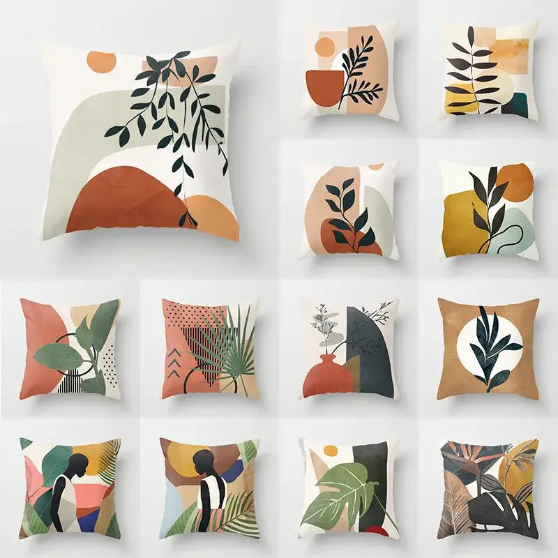 A collection of decorbites decorative pillowcase featuring abstract botanical designs in earthy tones for living room decor