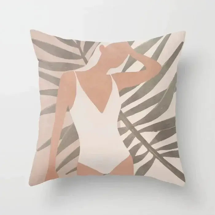 Abstract botanical earthy decorative pillowcase featuring a minimalist woman in white swimsuit with muted palm leaves decorbites decorative pillowcase