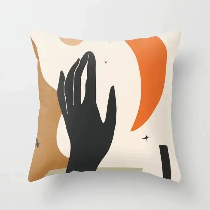 A square throw pillow with a minimalist black hand silhouette on cream orange tan shapes decorbites decorative pillowcase