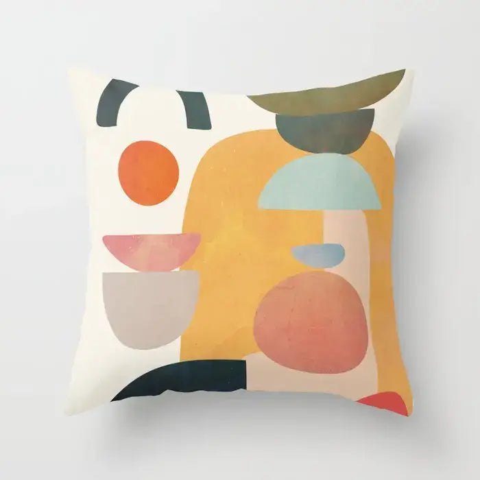A decorbites decorative pillowcase with modern abstract botanical design in muted orange, pink, green, and navy on off-white