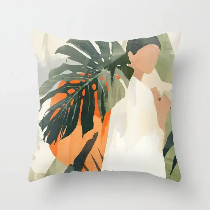A decorbites decorative pillowcase with a stylized woman and dark green monstera leaves in earthy tones