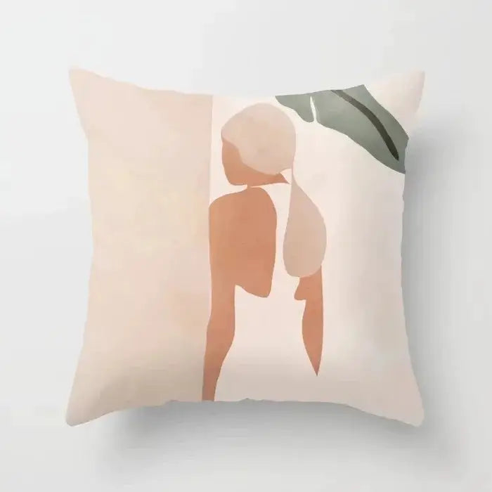Beige decorbites decorative pillowcase with minimalist woman silhouette and soft peach and muted green botanical accents