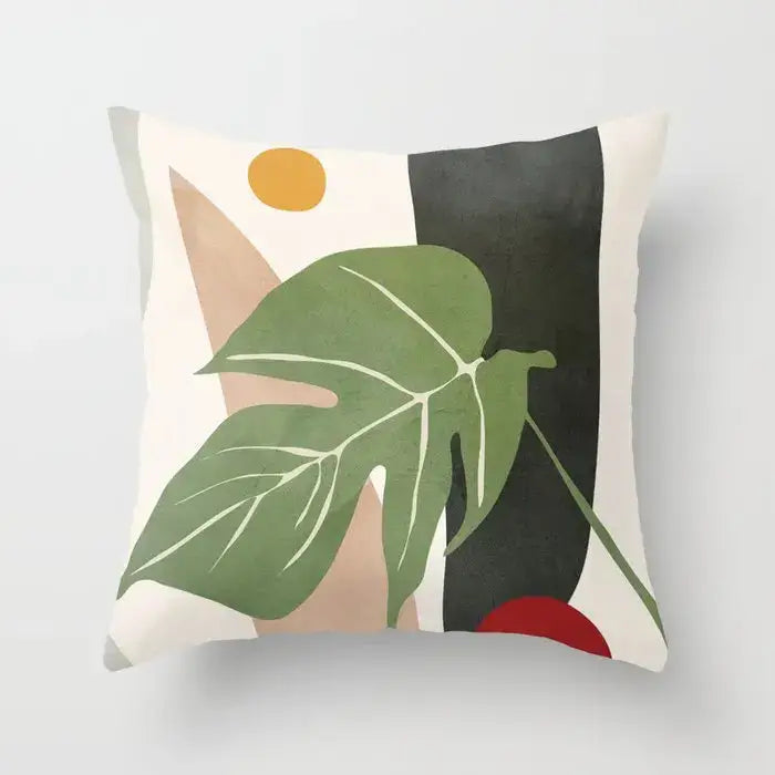 Square throw pillow with modern abstract green monstera leaf and geometric shapes on cream decorbites decorative pillowcase