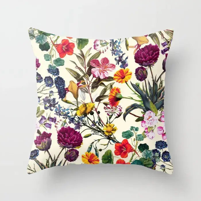 A square decorbites decorative pillowcase with a vibrant vintage botanical print on an off-white background for living room decor