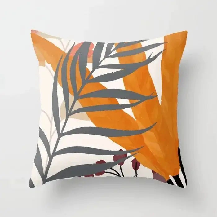 A decorbites decorative pillowcase with bold orange and gray palm fronds and burgundy berries on cream background