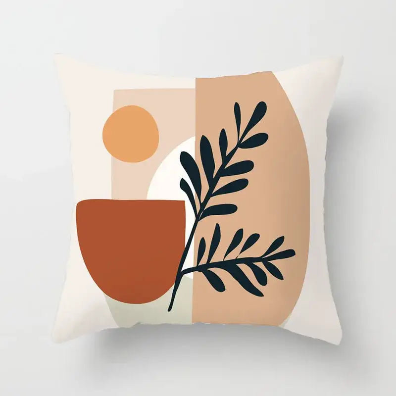 Cream decorative pillowcase with minimalist black leaf silhouettes and terracotta abstract design by decorbites decorative pillowcase
