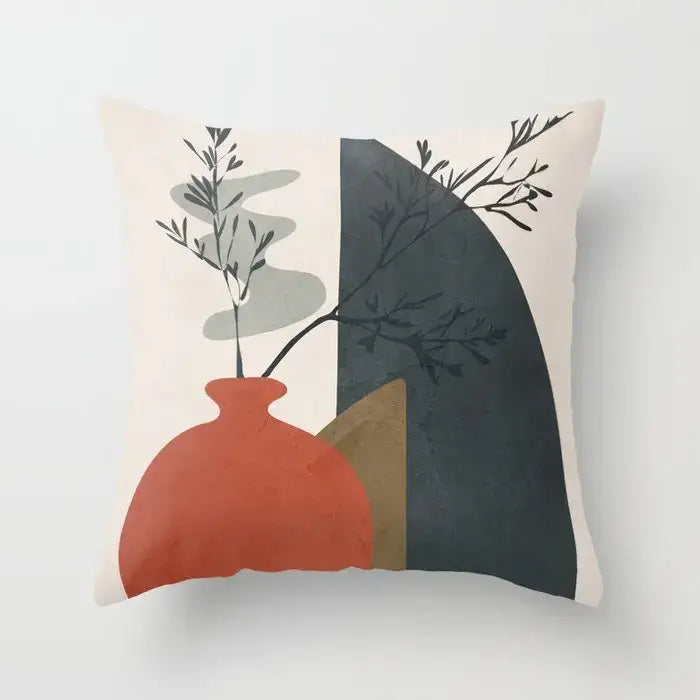Cream-colored decorbites decorative pillowcase with modern abstract design of orange vase black branches and geometric shapes