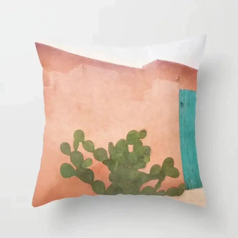 Abstract botanical earthy decorative pillowcase with watercolor green cactus on peach and teal background for living room decorbites decorative pillowcase