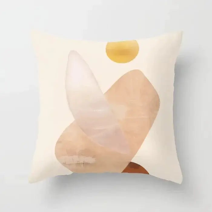 Cream-colored decorbites decorative pillowcase with abstract geometric shapes in beige, white, and warm gold tones