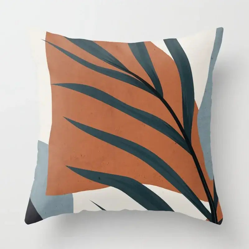 A decorbites decorative pillowcase with modern abstract palm leaves in deep teal and burnt orange on cream background