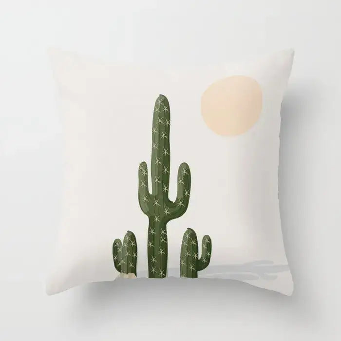 White throw pillow with abstract botanical cactus illustration and peach sun decorbites decorative pillowcase for living room