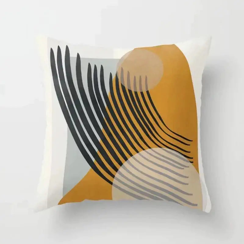 Abstract botanical earthy decorbites decorative pillowcase with bold black lines mustard yellow shapes on creamy white background