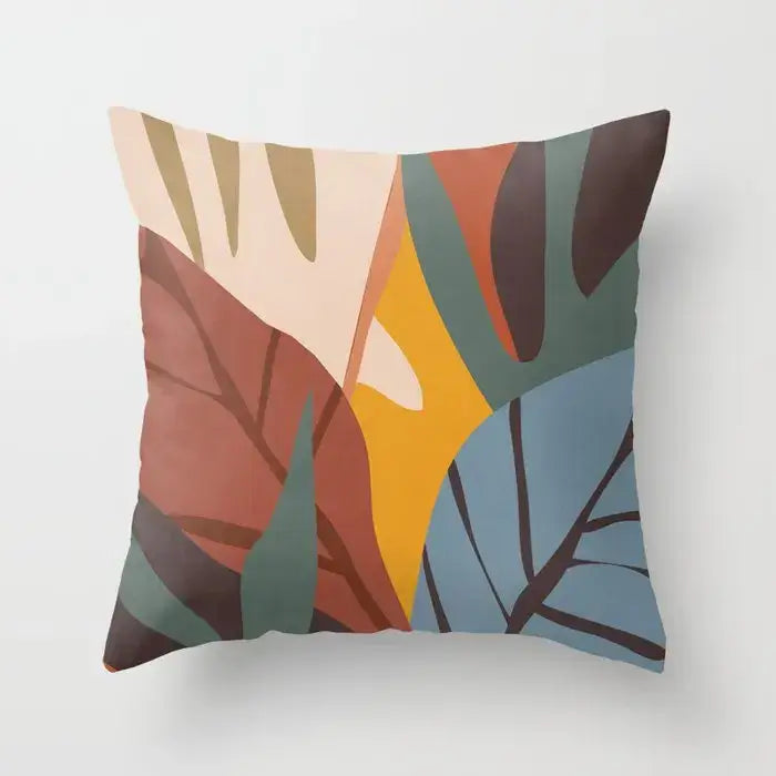 A decorbites decorative pillowcase featuring a modern abstract tropical leaf design in earthy terracotta and teal tones