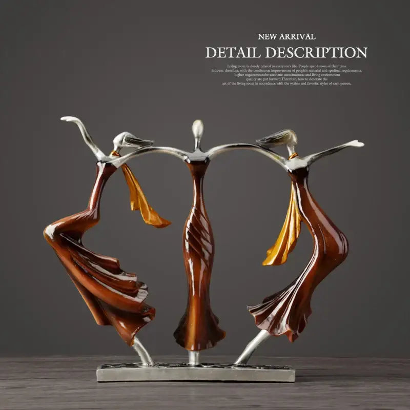 Abstract bronze dancing couple sculpture featuring three glossy bronze and silver dancers in a flowing circle decorbites
