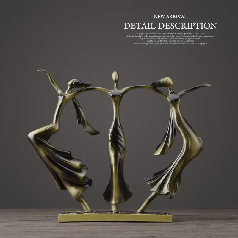 Bronze abstract dancing couple sculpture statuette featuring three stylized dancers in flowing poses for decorbites decor
