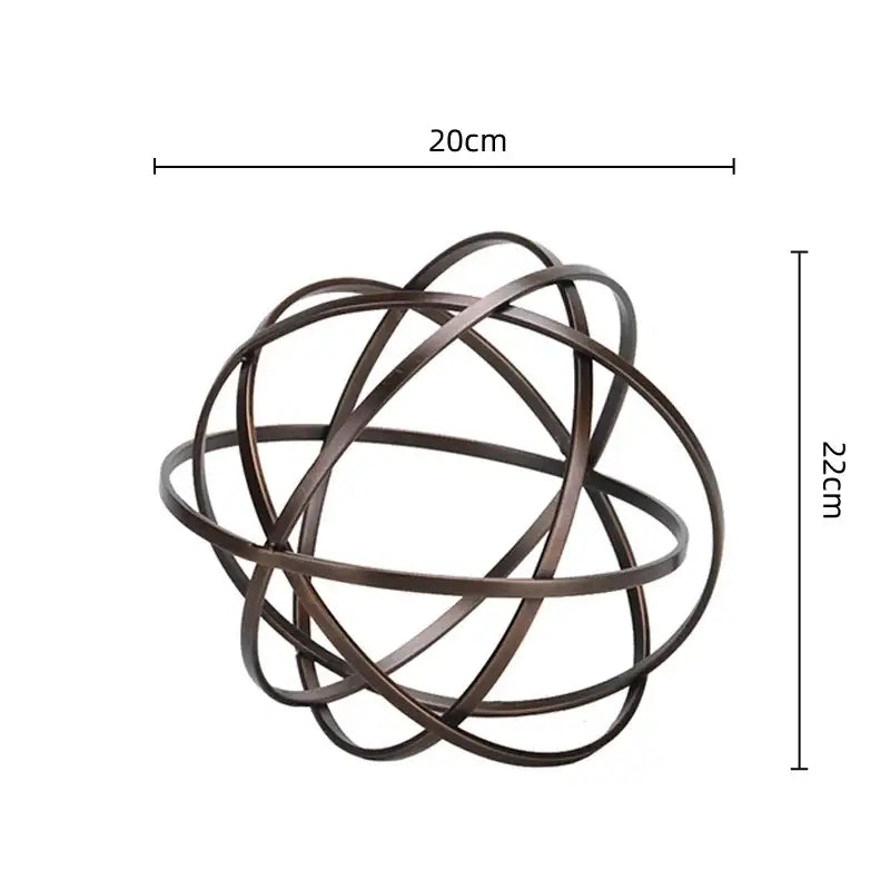 Abstract bronze geometric sphere pendant sculpture made of interwoven metal wire bands for living room decor
