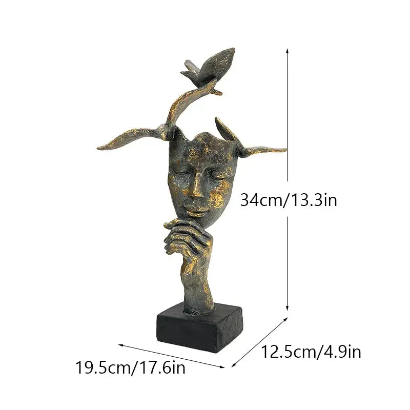 Bronze-finished abstract mask bird figurine statue with closed eyes and antler-like horns for office decor