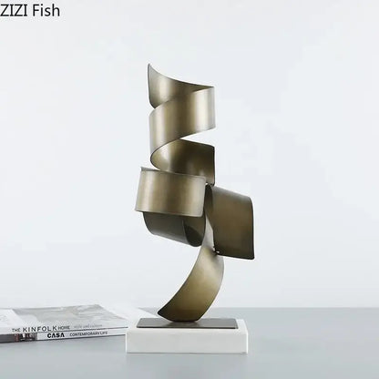 Bronze irregular crimp metal spiral sculpture on white marble base for living room decor