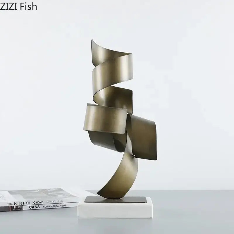 Bronze irregular crimp metal spiral sculpture on white marble base for living room decor