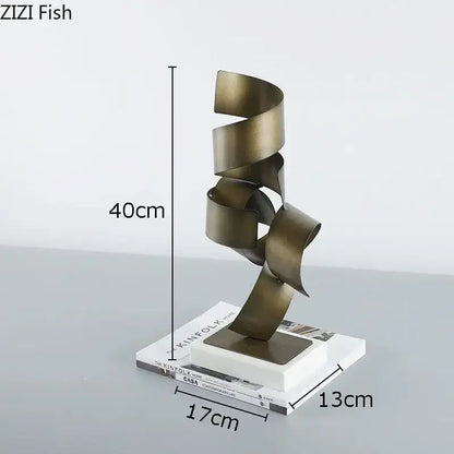 Abstract bronze irregular crimp metal sculpture with spiraling modern design for living room decor
