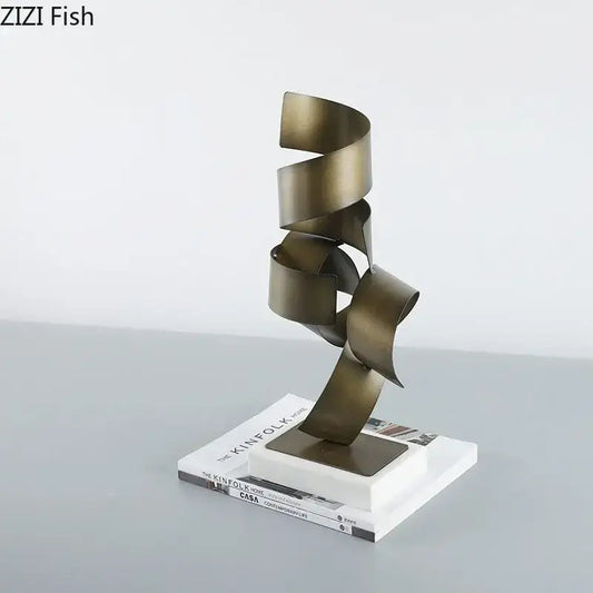 Bronze-colored abstract irregular crimp metal spiral sculpture for modern living room decor and artistic display