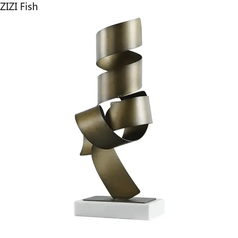 Bronze irregular crimp metal abstract sculpture with spiraling ribbon forms on white marble base for living room decor
