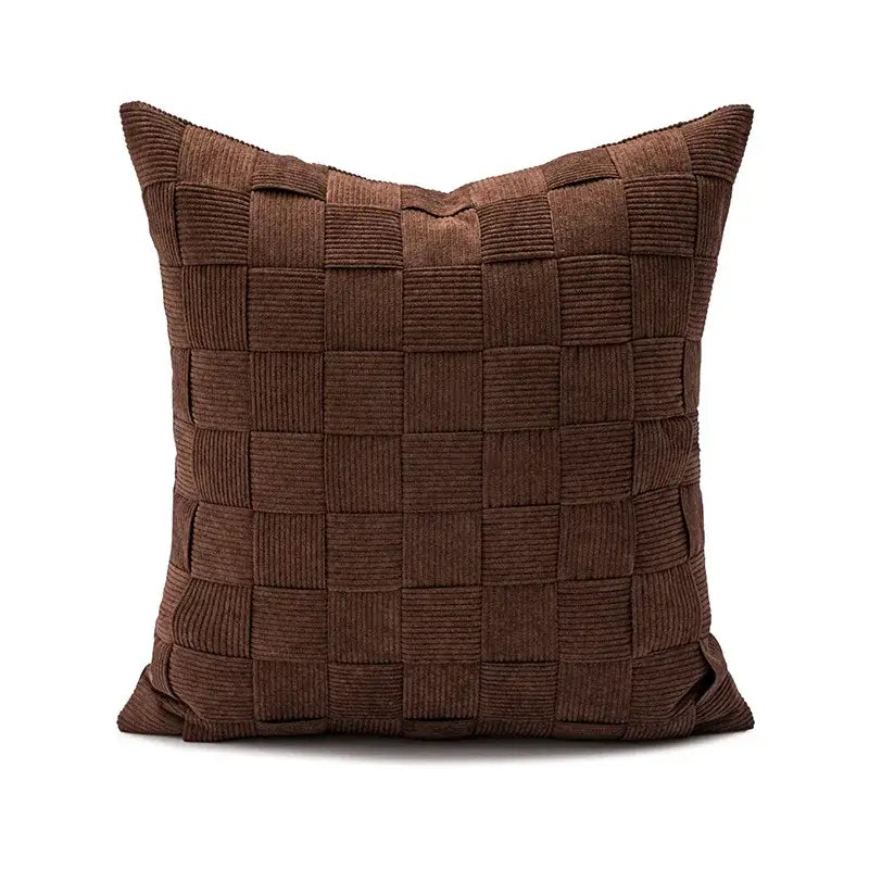 Brown corduroy pillow cover with woven basketweave texture complements burnt orange decorbites abstract plush decor