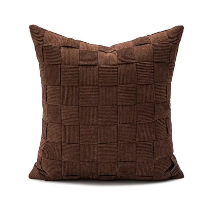 Brown corduroy pillow cover with woven basketweave texture complements burnt orange decorbites abstract plush decor