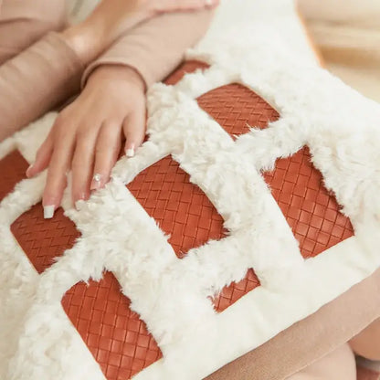 Cozy throw pillow cover with burnt orange woven leather and white faux fur patchwork for decorbites abstract plush decor