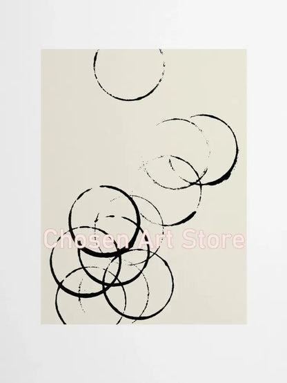 Decorbites 6 black and beige abstract canvas poster prints featuring overlapping black ink circles on beige abstract background