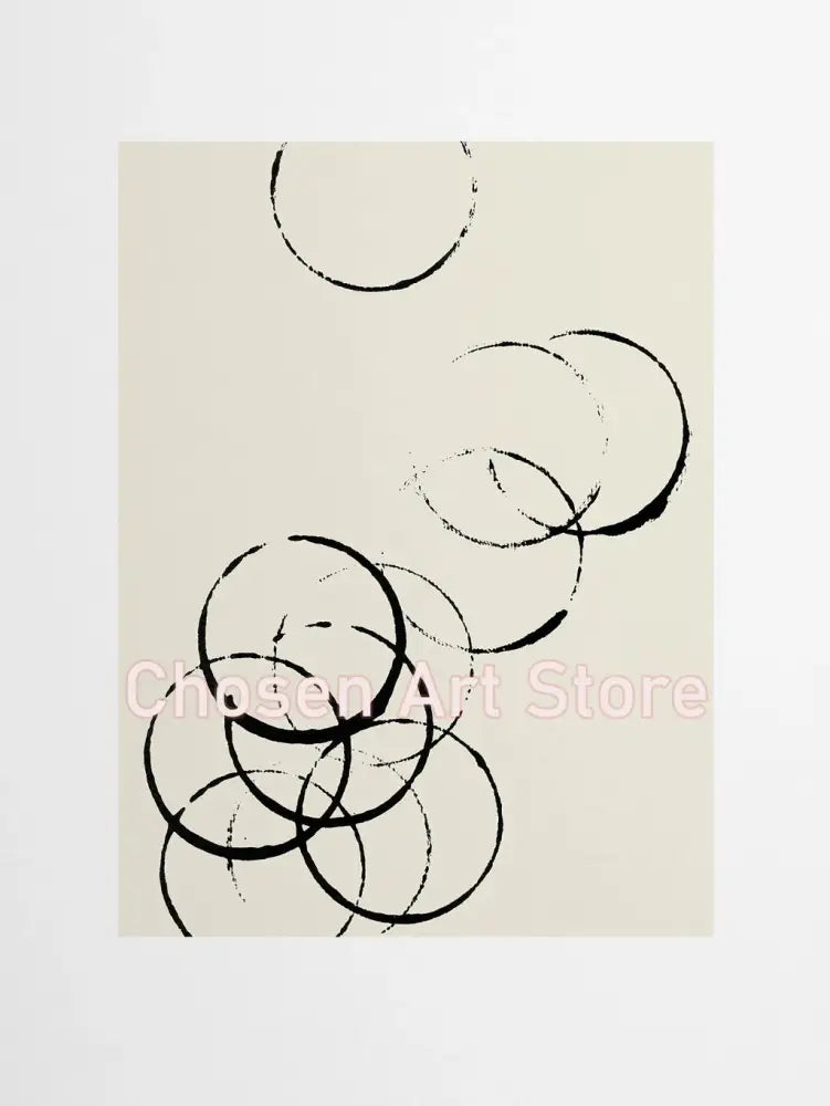 Decorbites 6 black and beige abstract canvas poster prints featuring overlapping black ink circles on beige abstract background