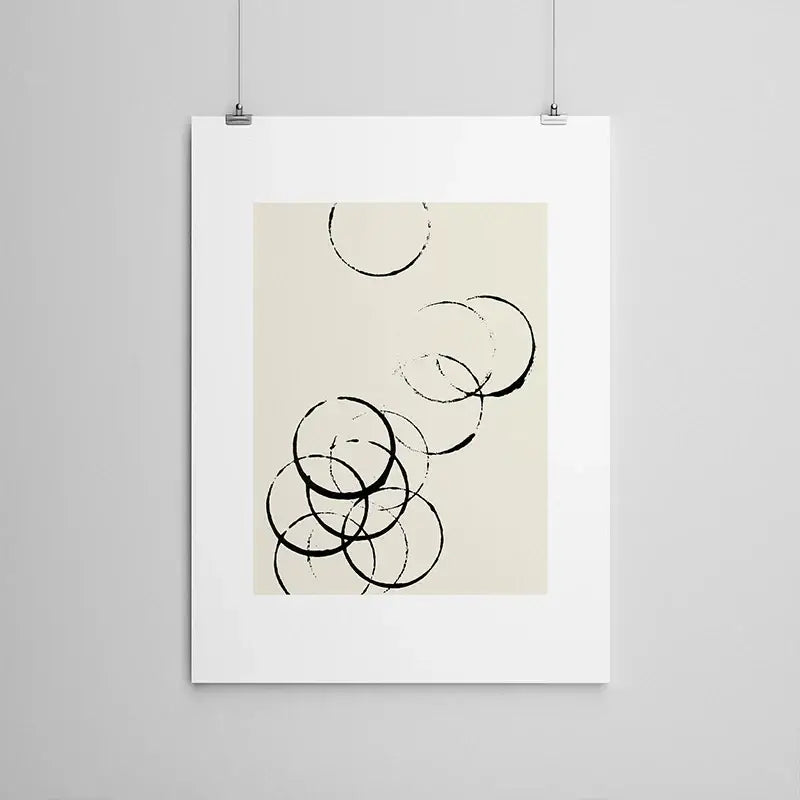 DecorBites™ 6 black and beige abstract canvas poster prints featuring overlapping circular brushstrokes on beige background