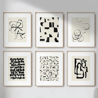 Set of six DecorBites™ beige abstract canvas poster prints in minimalist black and cream with light wood frames