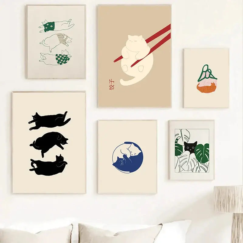 Set of six minimalist DecorBites™ abstract lazy cat canvas wall art with soft beige backgrounds and colorful illustrations