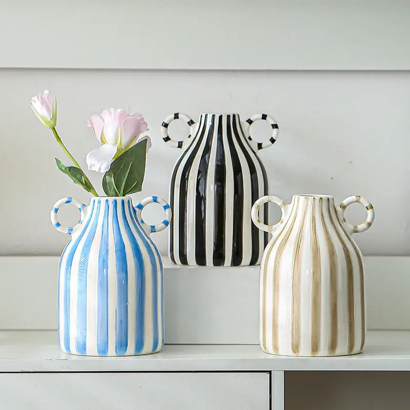 Blue and white striped abstract ceramic hydroponic vase with double ear handles for modern plant display