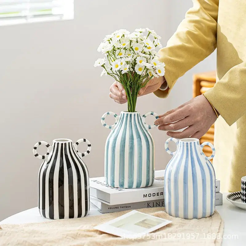 Abstract ceramic hydroponic vase in blue and white striped ceramic with double ear handles for modern decor