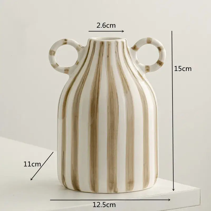 Abstract ceramic hydroponic vase in white ceramic with beige stripes and double ear handles measuring 15cm tall