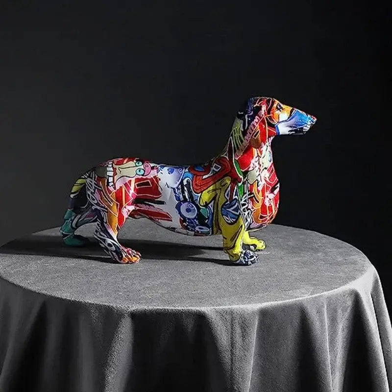 A vibrant colorful dachshund dog statue with glossy finish and bold multicolored patterns for living room decor