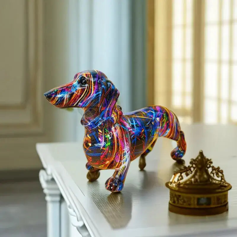Glossy resin colorful dachshund figurine with swirling neon rainbow patterns for decorbites colorful dachshund decor
