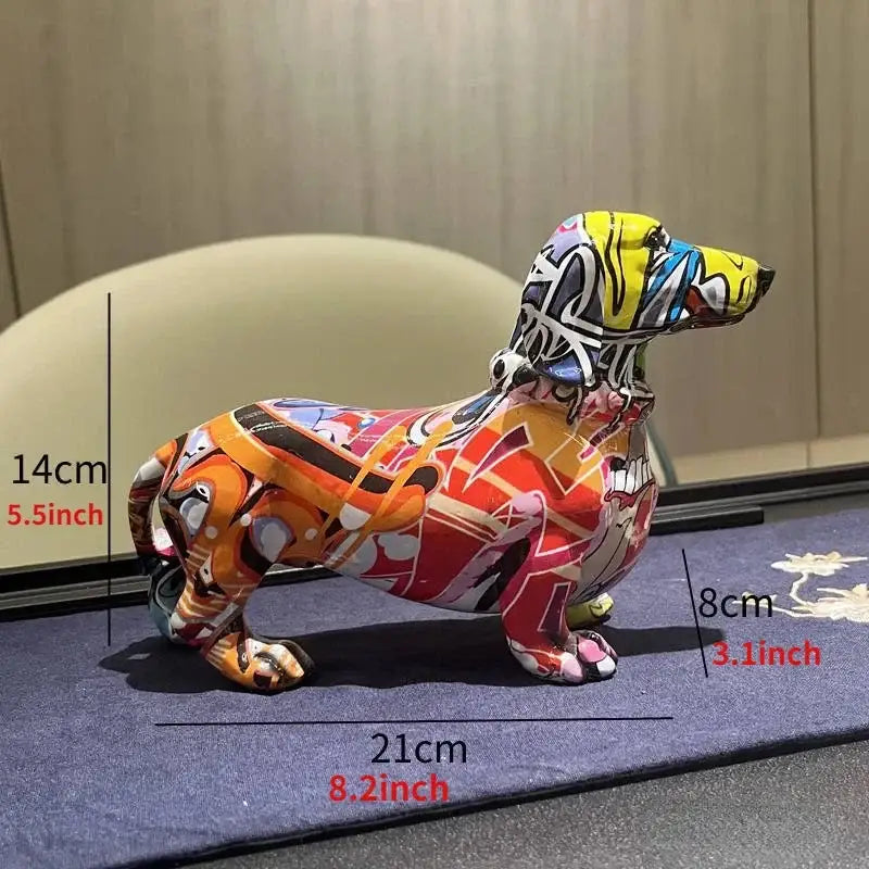 Colorful dachshund dog statue with bold orange red yellow and black graffiti patterns for living room decor