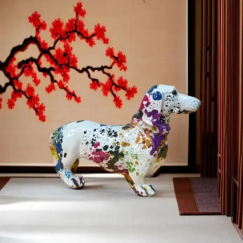 White ceramic colorful dachshund figurine with vibrant splattered paint for living room decorbites colorful dachshund