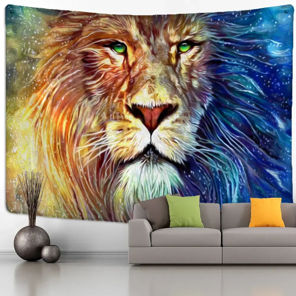 Abstract colorful tiger oil painting tapestry featuring a vibrant lion with glowing green eyes and fiery blue mane for wall decor