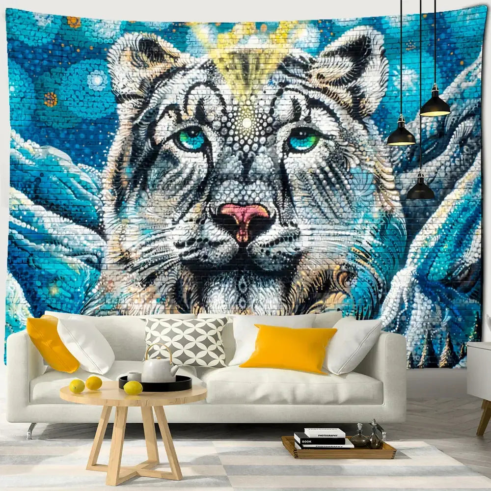 A vibrant colorful tiger oil painting tapestry with a white tiger and blue eyes on a turquoise bedroom wall decor