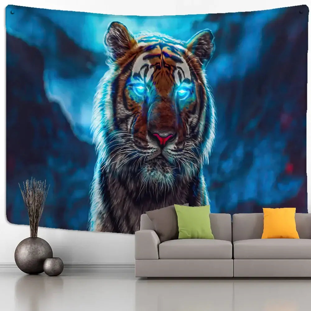 A vibrant colorful tiger oil painting tapestry in blue and orange with glowing eyes decorates a bedroom wall above a sofa