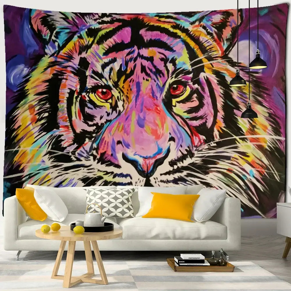 Abstract colorful tiger oil painting tapestry with bold purple pink yellow and black strokes for bedroom wall decor