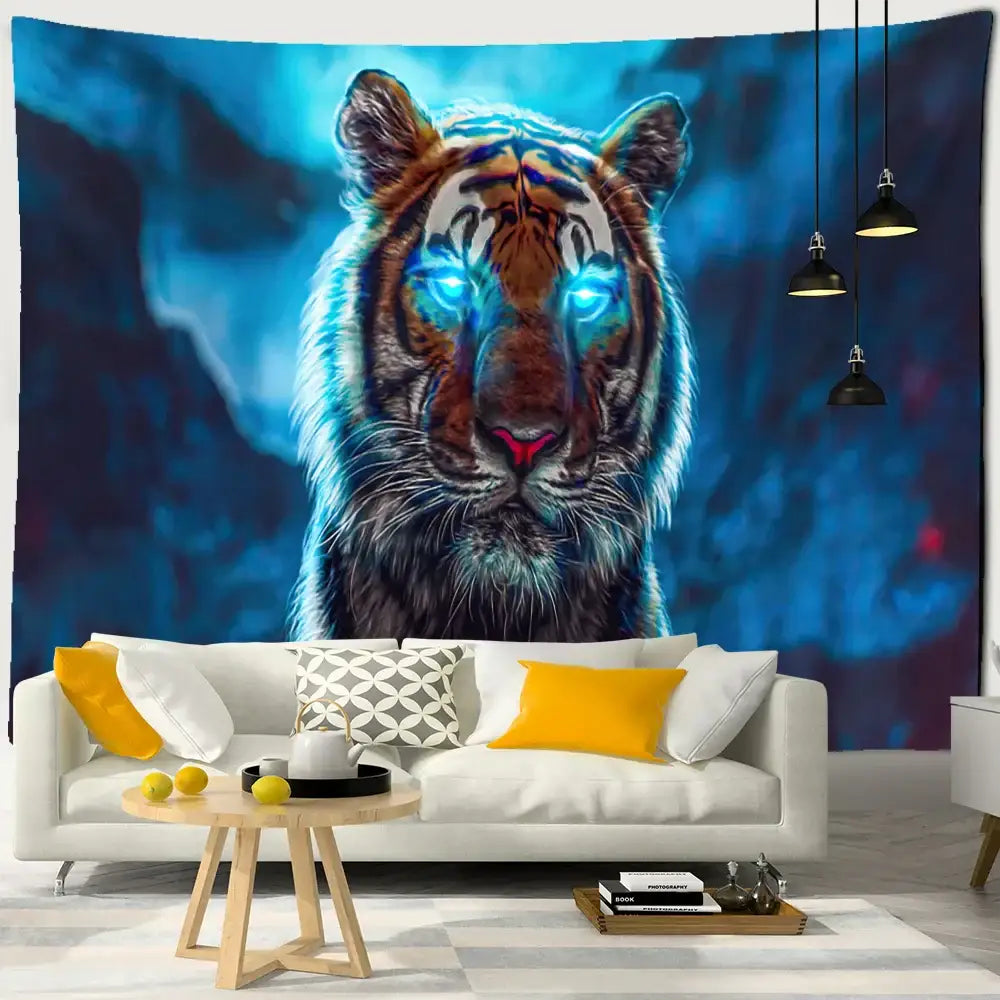 A colorful tiger oil painting tapestry in vibrant blue and orange with glowing eyes for bedroom wall decor